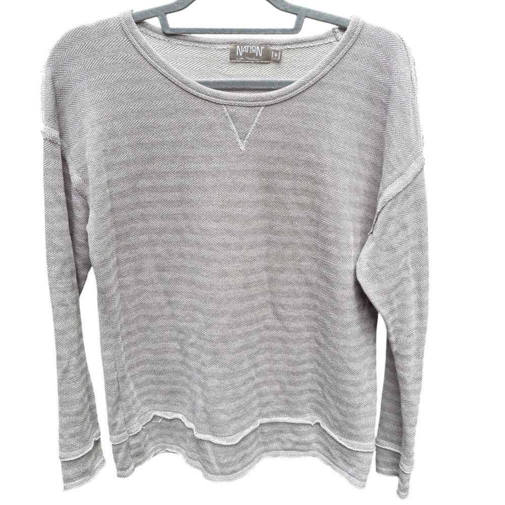 Nation LTD Womens S Pullover Sweatshirt Gray Herringbone Raw Hem Long Sleeve